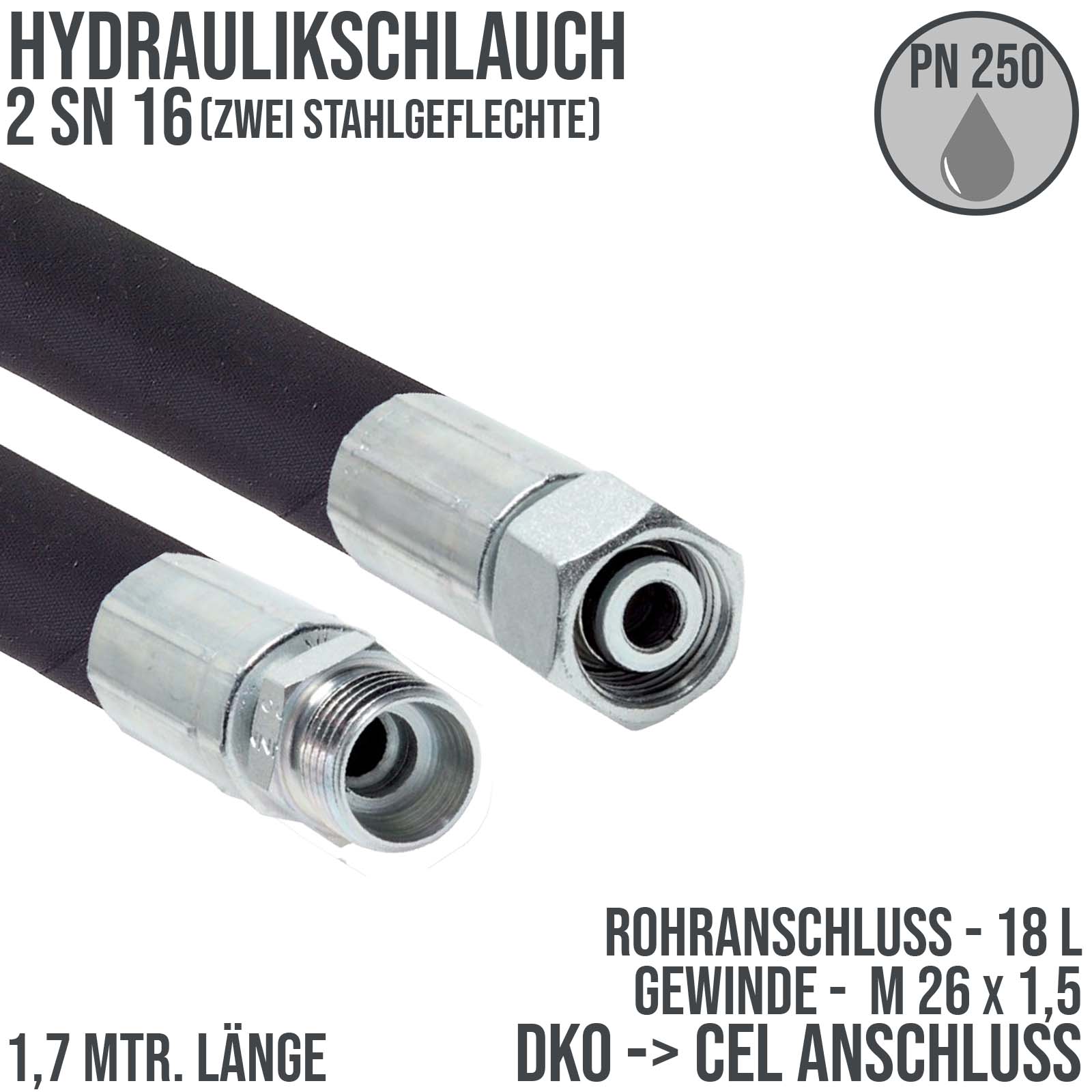 Hydraulikschlauch DN 16 2SN16 - 18 L DKO (IG) auf CEL (AG) Anschluss (M 26 x 1,5) - 1700 mm