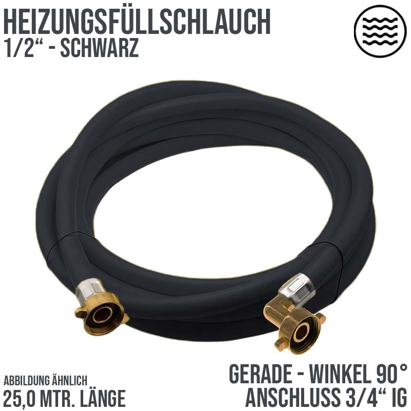 25 m Heizungs Füll Wasser Heizkörper Radiator Sanitär Schlauch schwarz - 3/4" Gerade/Winkel Anschluss - PN 8 bar