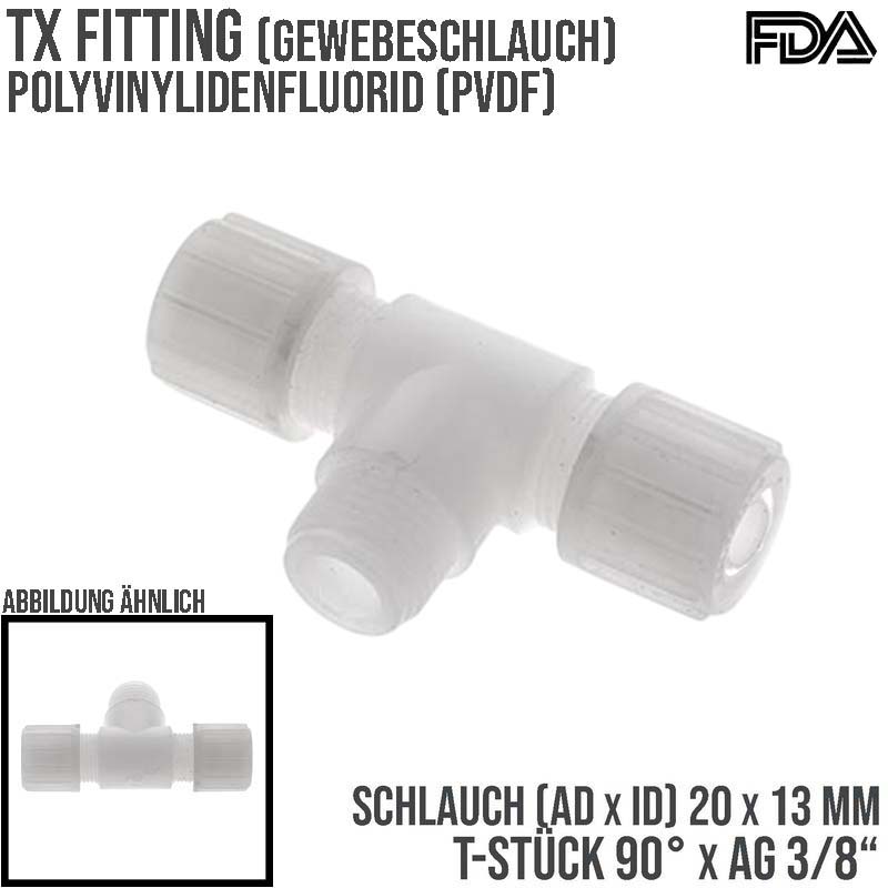 20 x 13 mm x 3/8" T-Stück 90° Außengewinde TX Fitting Gewebe Schlauch Verbinder FDA PVDF weiß - PN 10 bar