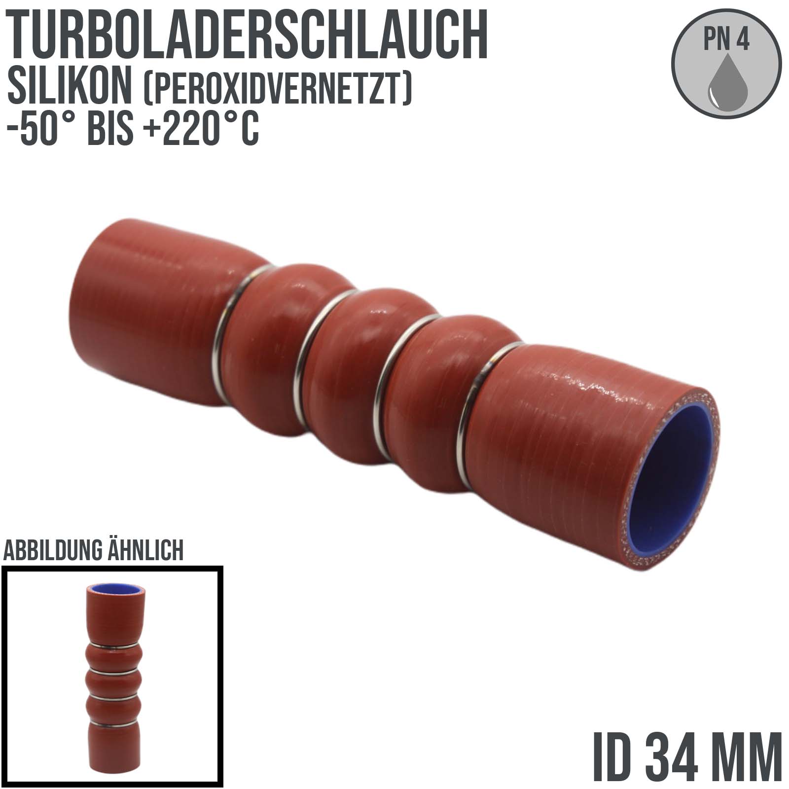 34 mm Turbolader Silikon Wulst Verbinder LLK Ladeluft KFZ Schlauch - 160mm ( 4 Lagen)