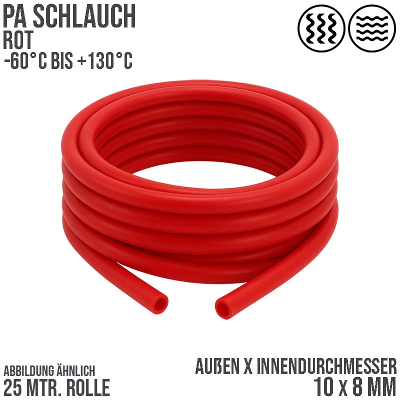 10 x 8 mm Polyamid PA Pneumatik Schlauch rot - PN 15 bar - 25 m