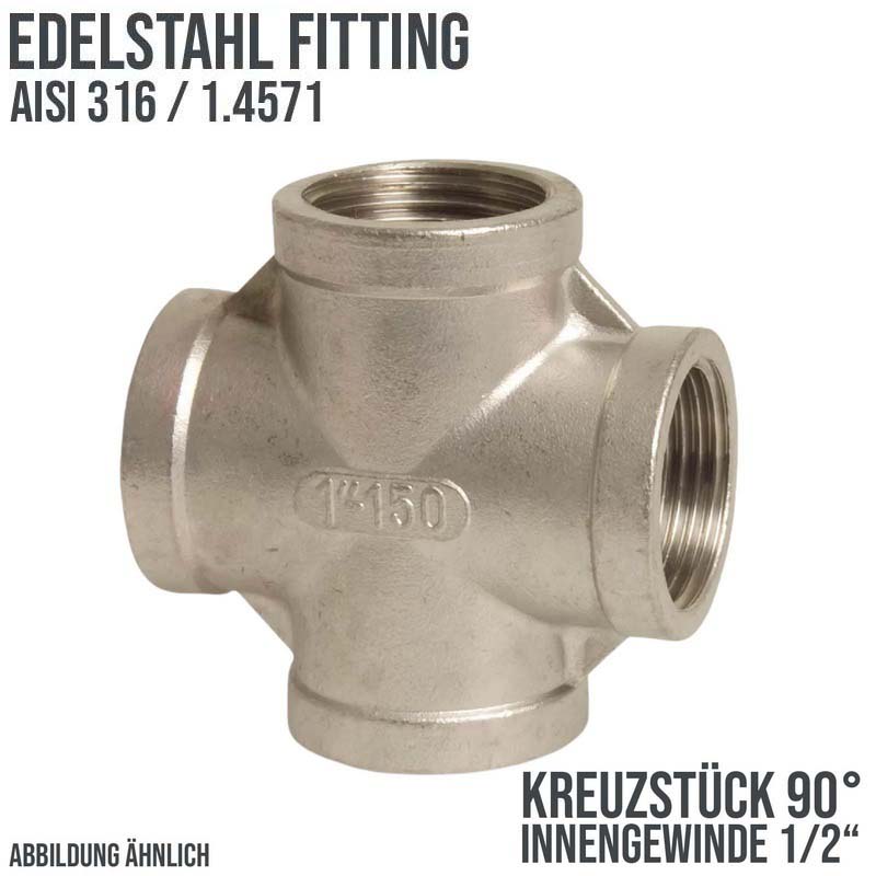 1/2" Edelstahl Fitting V4A AISI 316 Nr. 180 - Kreuzstück 90° Innengewinde IG - PN 16 bar