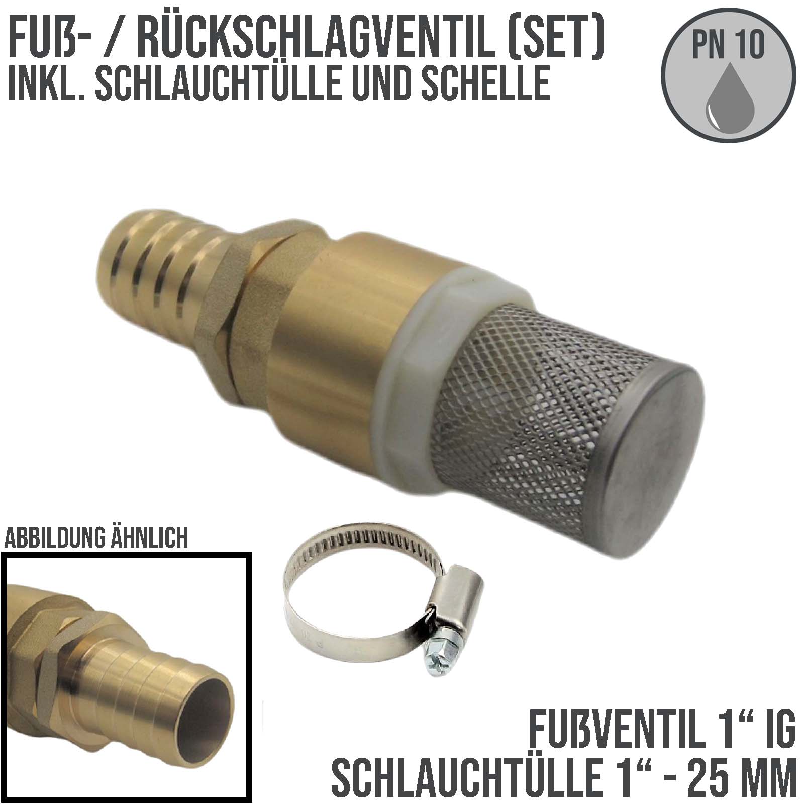 1" Zoll Fuß Rückschlag Ventil Saugkorb mit 25 mm Schlauchtülle Messing