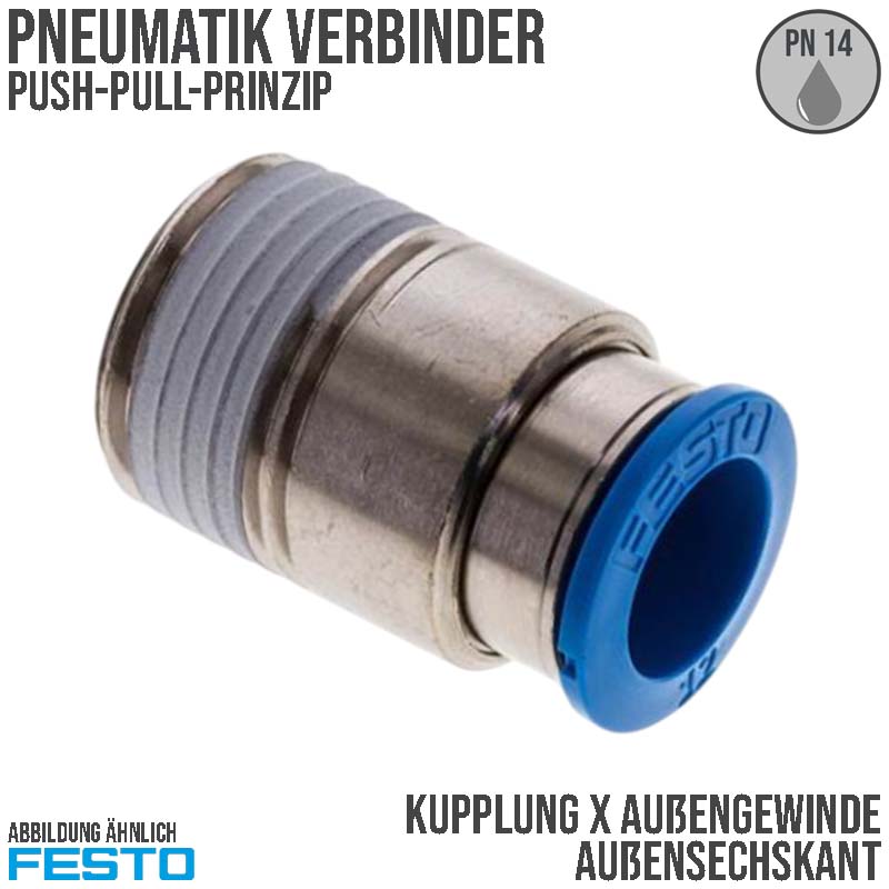 10 mm x 1/8" Pneumatik Schnell Steck Verbinder Außengewinde AG blau/schwarz ISK QS-1/8-10-I (190647) - PN 14 bar