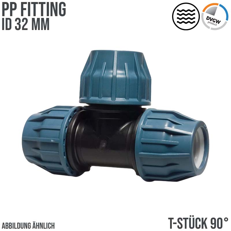 32 mm PE PP Fitting Klemm Verbinder Verschraubung Muffe Rohr T-Stück 90° DVGW - PN 16 bar