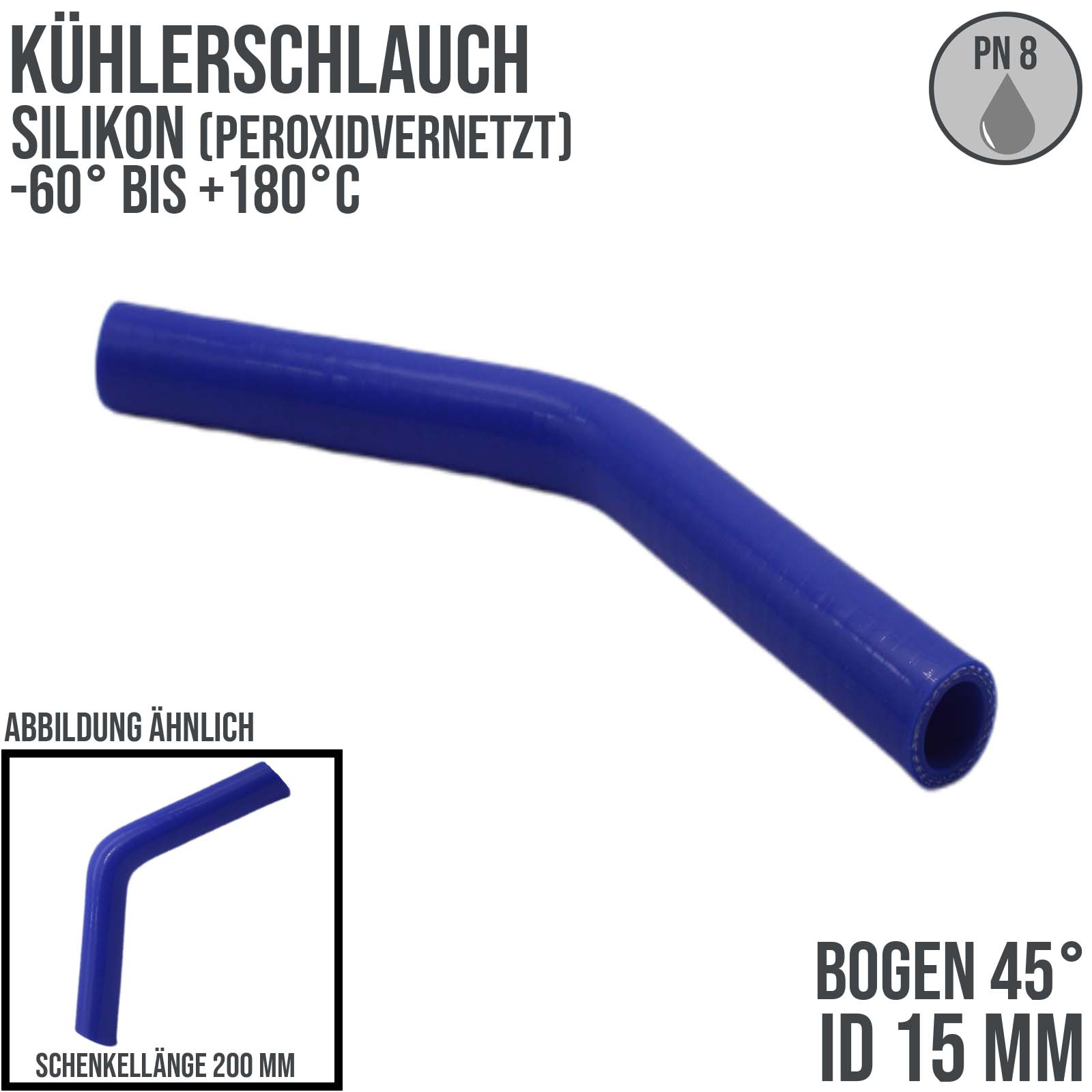 15 x 23 mm Kühlerschlauch Silikon Bogen 45° LLK Ladeluft Kühlmittel Schlauch blau (8 bar) - 200 mm