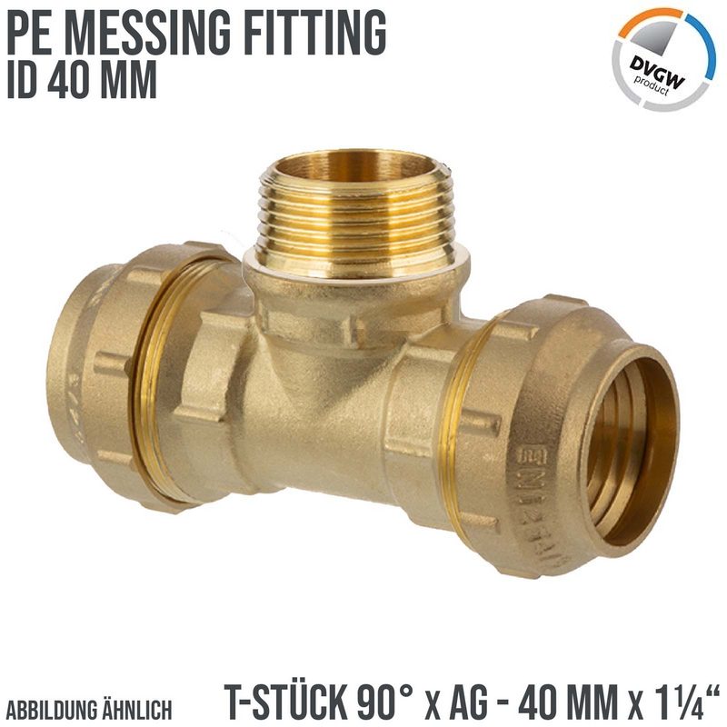 40 mm x 1 1/4" PE Fitting Klemm Verbinder Messing Verschraubung Muffe T-Stück 90° x AG DVGW - PN 16 bar