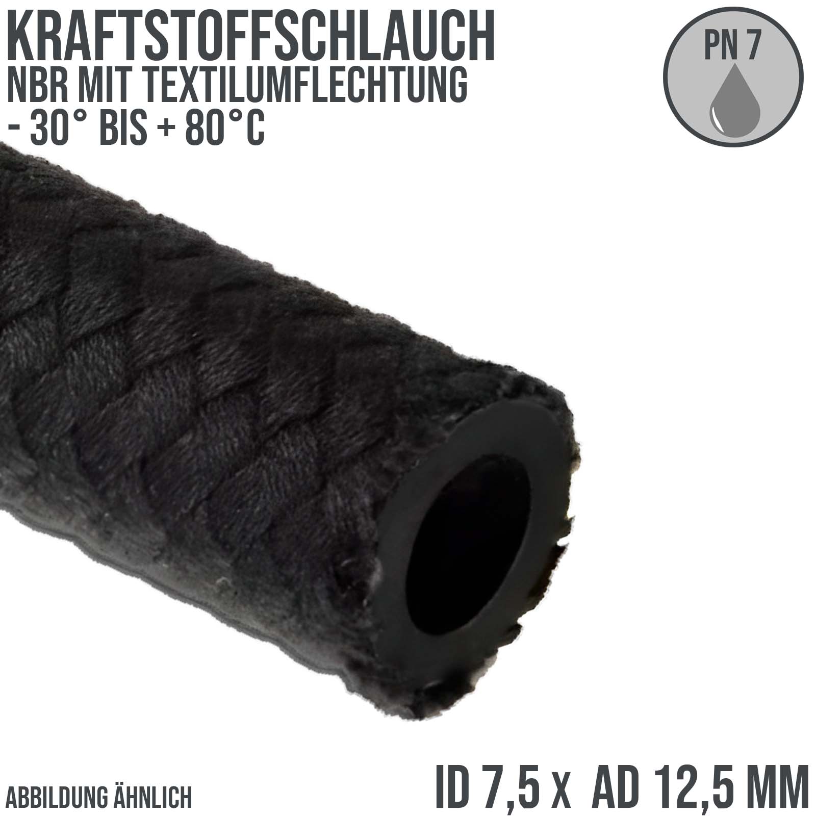 7,5 x 12,5 mm Kraftstoff Benzin Öl Schlauch Textilgeflecht NBR schwarz DIN 73379 - PN 7 bar