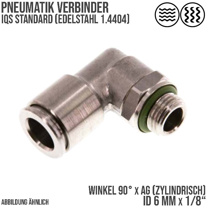 6 mm x 1/8" Pneumatik Steck Verbinder Winkel 90° eckig IQS Edelstahl VA 1.4404 Außengewinde zylindrisch - PN 15 bar