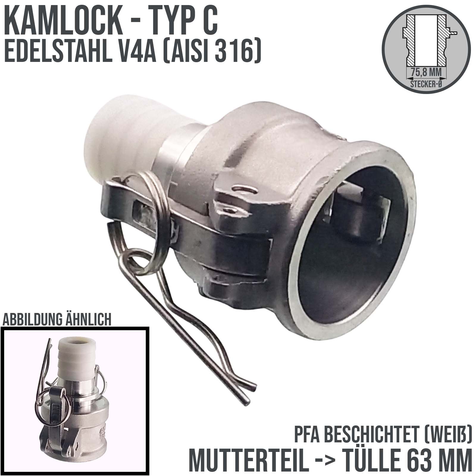 Kamlock Typ C - Mutterteil (75,8 mm) Edelstahl V2A (AISI 316) -> gerillter Stutzen DN 63 mm PFA beschichtet - PN 25 bar